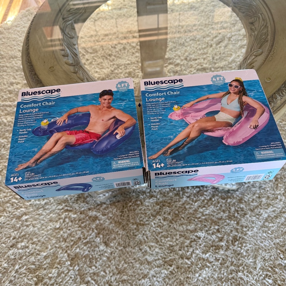 Bluescape Comfort Chair Lounge Pool Float Inflatable 4FT Wide Set of 2 Blue Pink